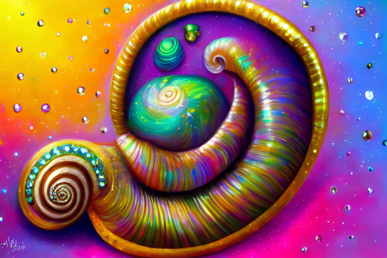 Colorful Stylized Snail Artwork with Cosmic Shell on Glittery Background