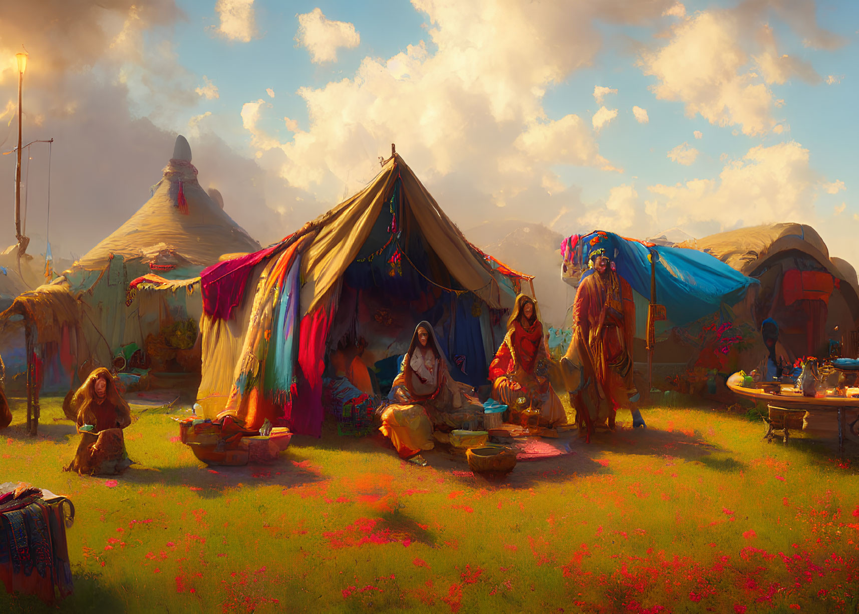 Colorful Traditional Nomadic Camp Scene with People in Daily Activities