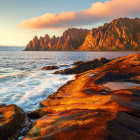 Scenic coastal village sunset with cliffs, waves, and clear sky