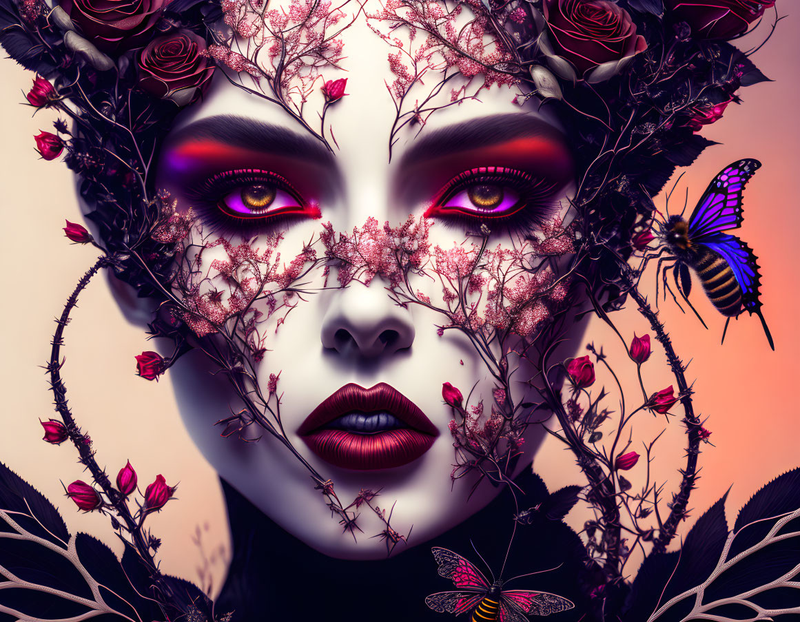 Woman's face with dark makeup, purple roses, branches, and butterflies on pink background