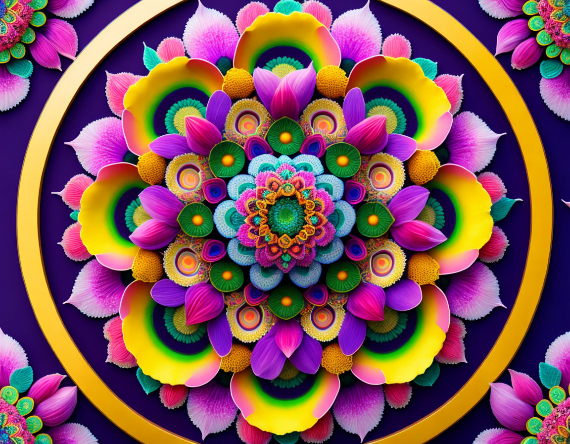 Symmetrical digital art with vibrant flower-like patterns in pink, green, blue, and yellow on purple