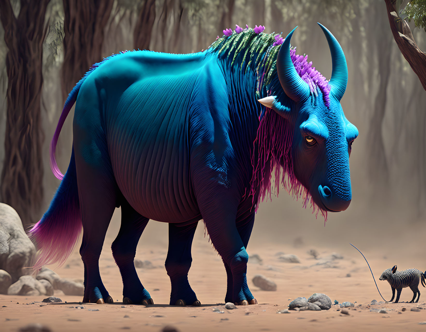 Blue fantasy creature with horns and pink mane meets tiny armored animal in dusty landscape