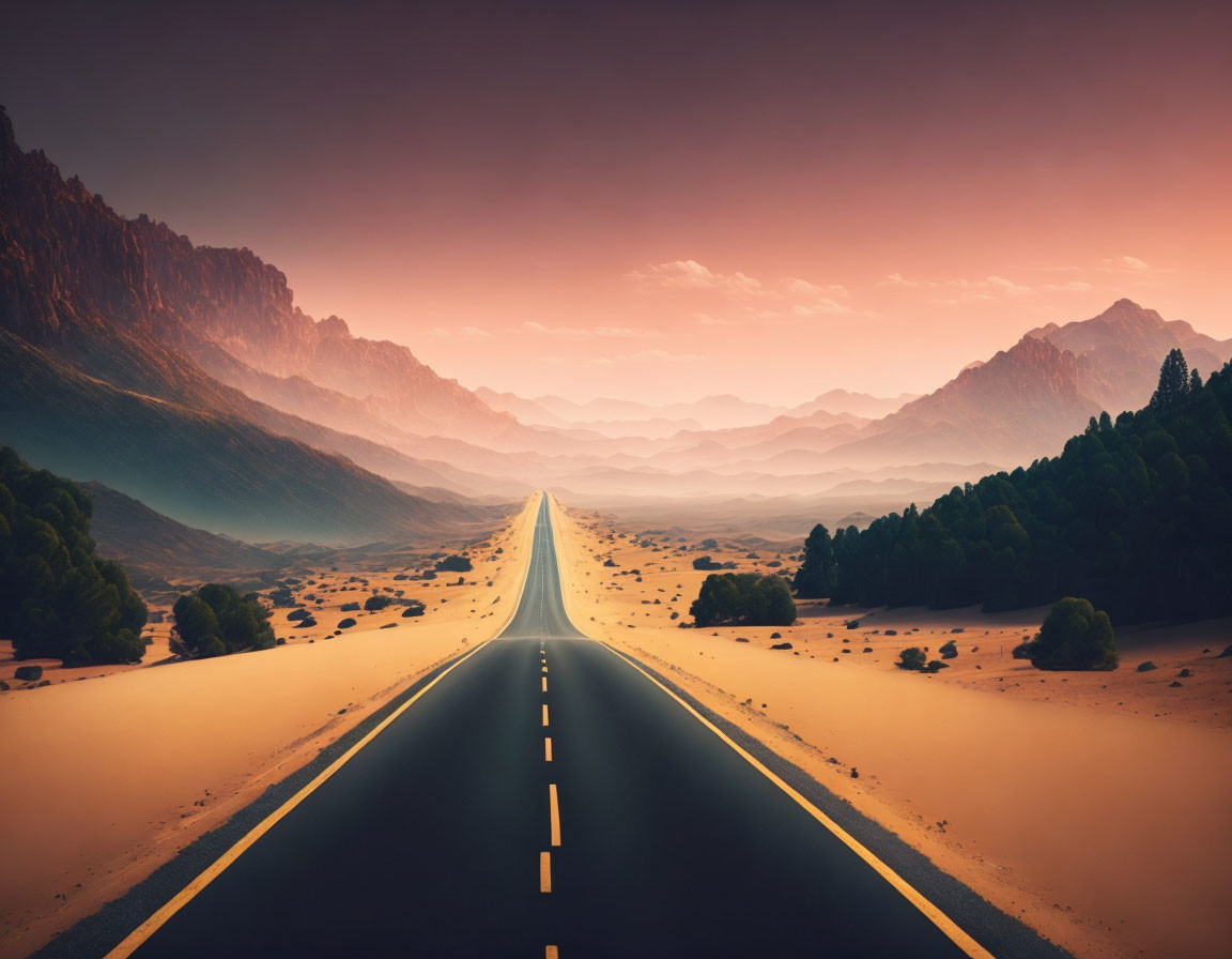 Straight road to distant mountains under orange and purple sky