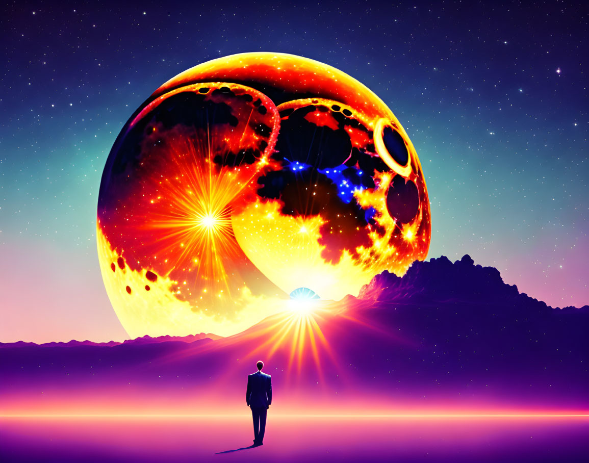 Person standing before cosmic scene with fiery planet and stars in purple sky