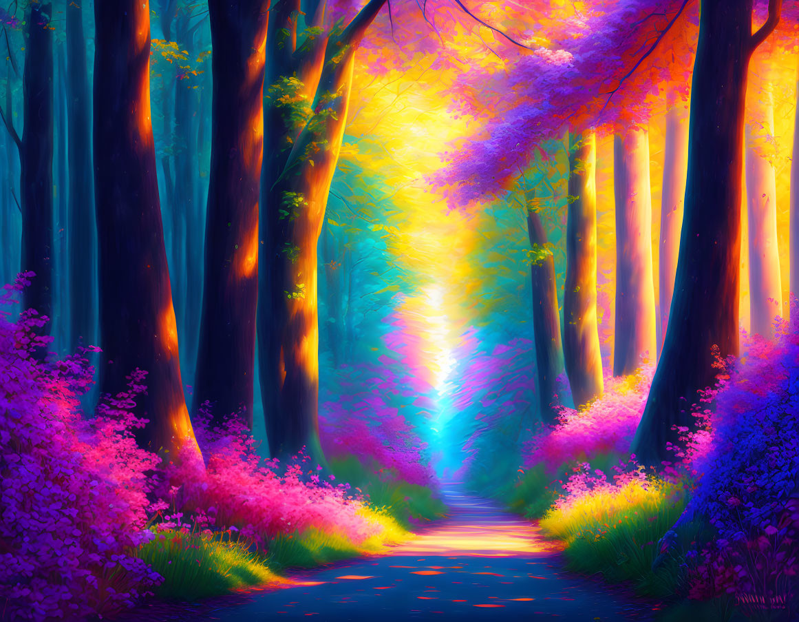 Colorful Fantasy Forest Path with Radiant Magical Light