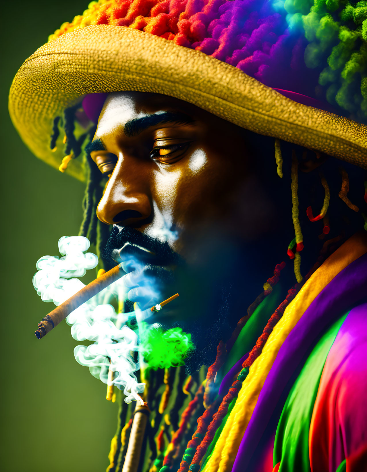 Man with dreadlocks in rasta hat exhales cigar smoke under colorful lights