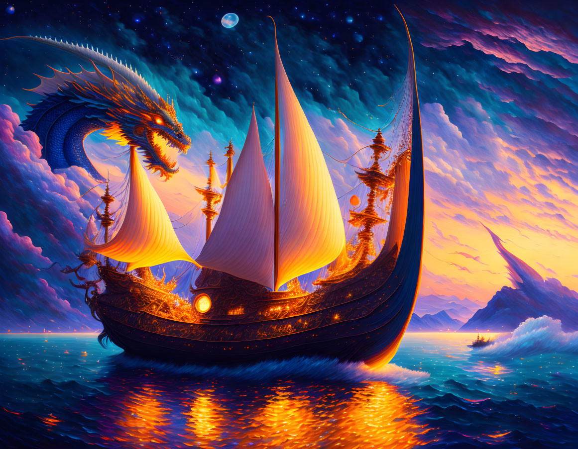 Mystical ship with billowing sails and majestic dragon on glowing ocean under vibrant sunset sky