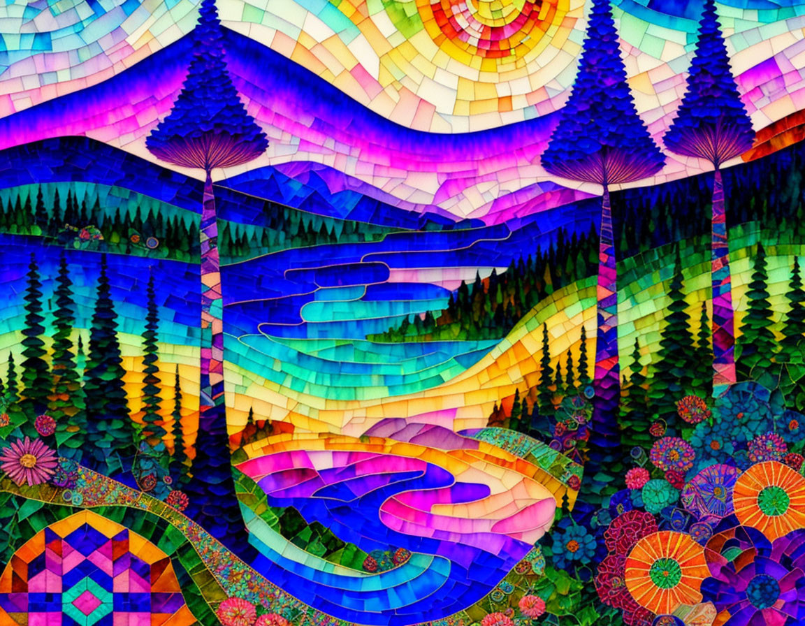 Colorful Mosaic of Whimsical Landscape with Trees and River