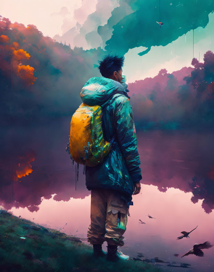 Colorful Backpack Wearer by Reflective Lake in Autumn Scene