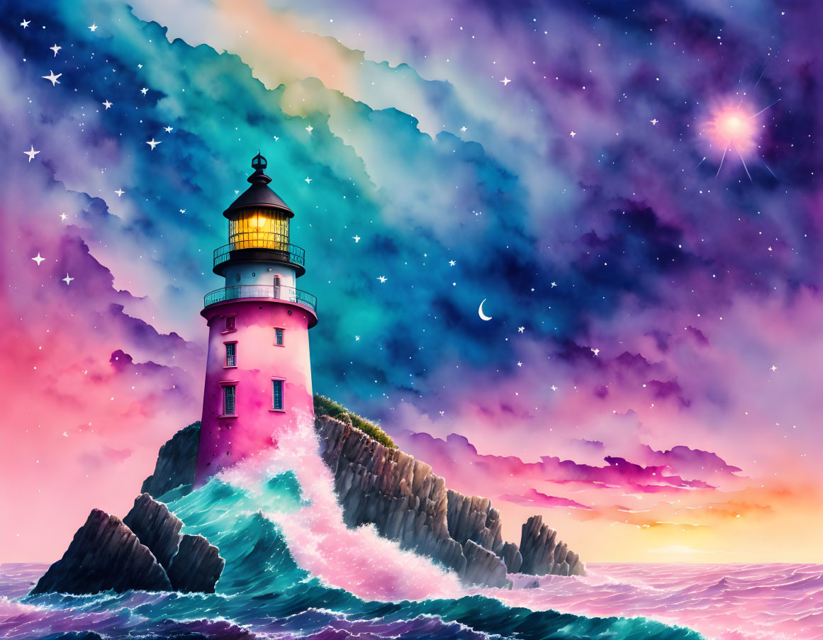 Digital artwork: Lighthouse on cliff with crashing waves under starry sky