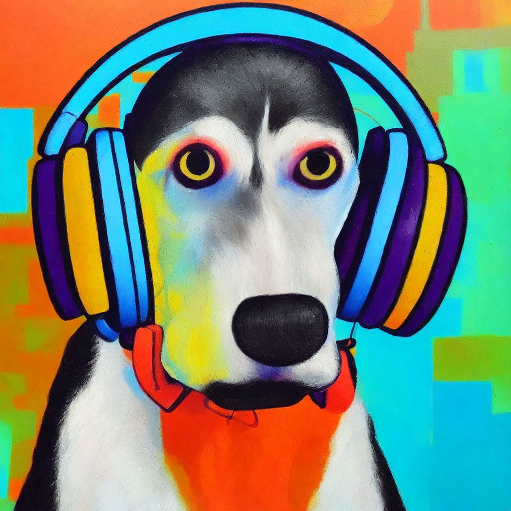 Vibrant street art: dog in headphones on colorful abstract backdrop