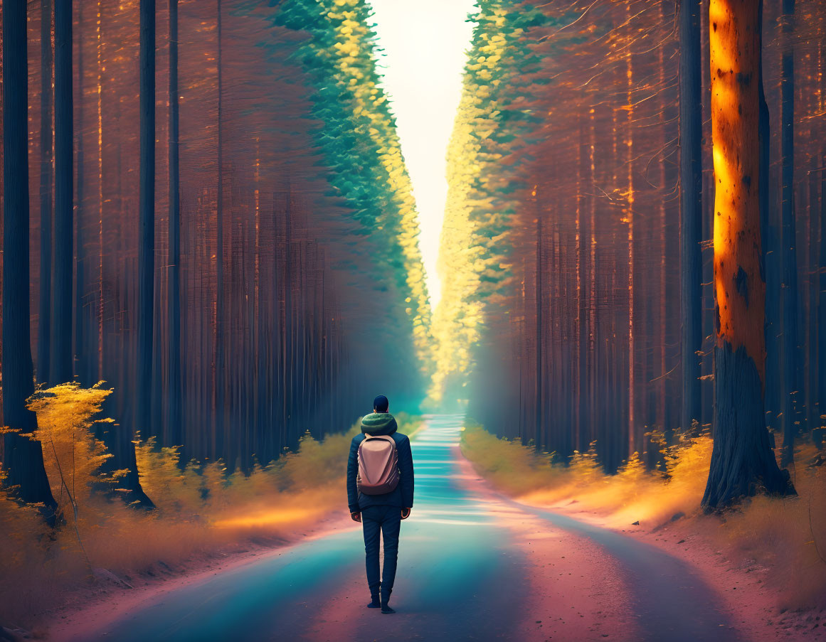 Person walking through orange forest with backpack