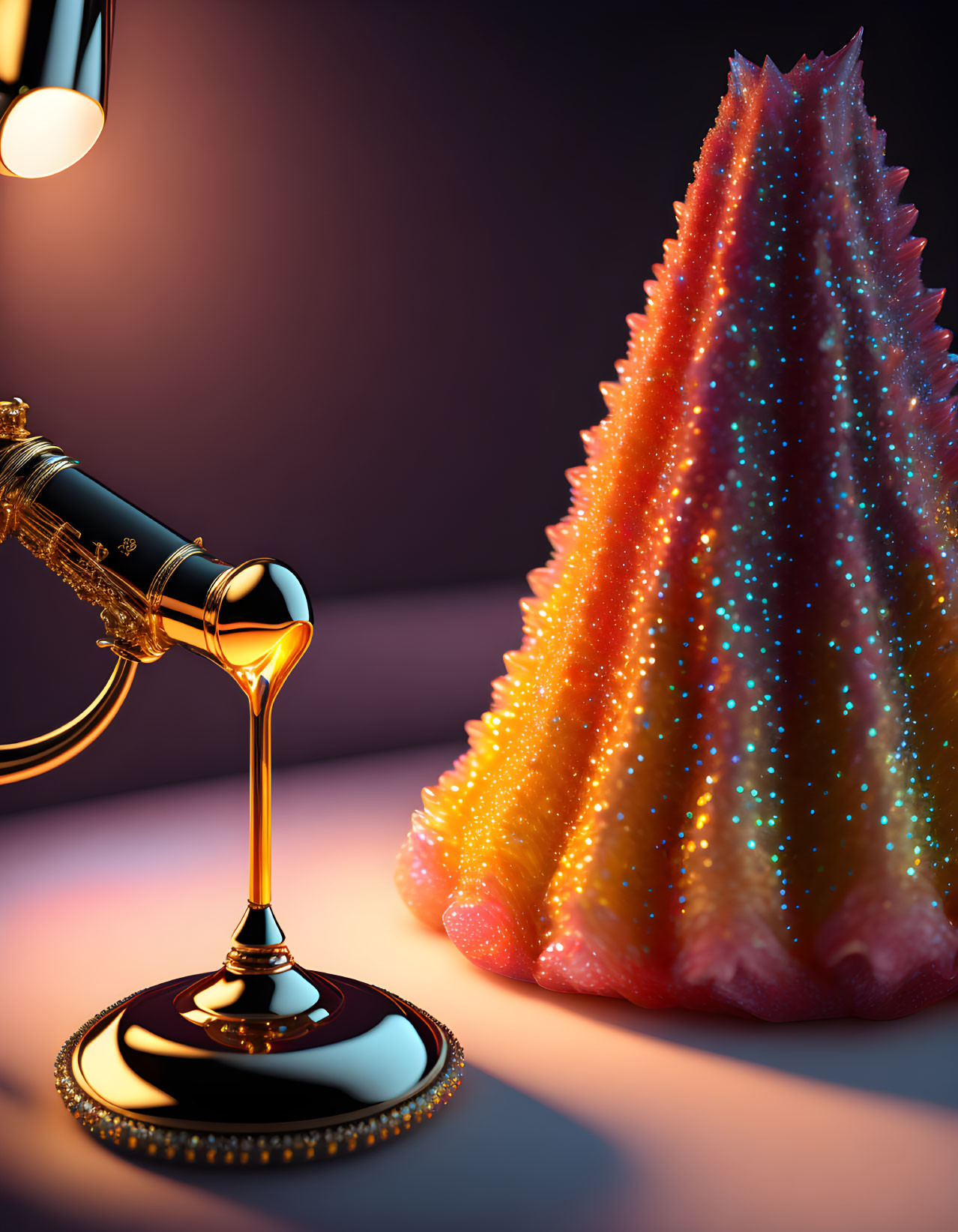 Multicolored cone-shaped object and golden microphone under focused light