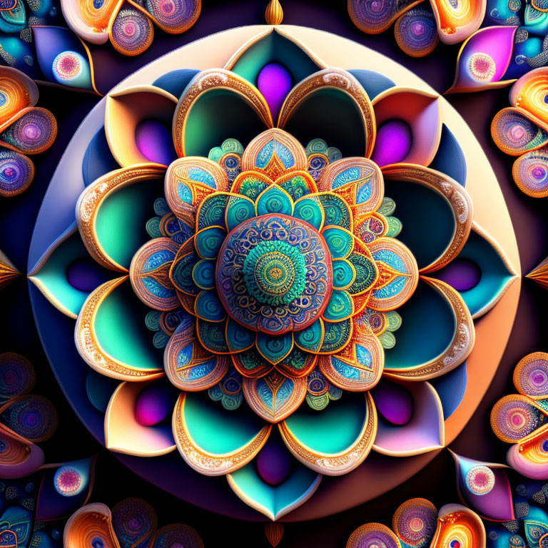 Colorful Symmetrical Mandala Artwork with Rich Blue, Orange, and Purple Palette