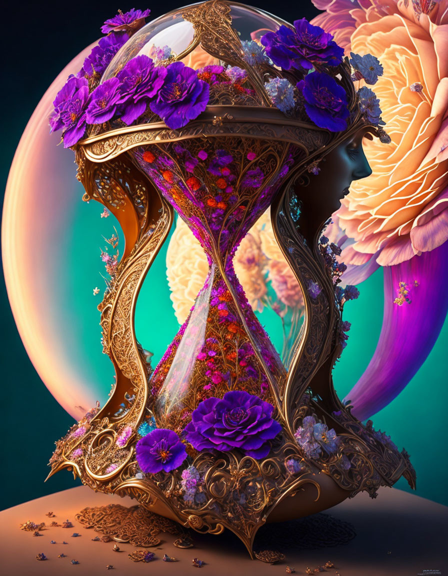 Vibrant digital artwork: ornate hourglass with flowers and woman's profile on colorful backdrop