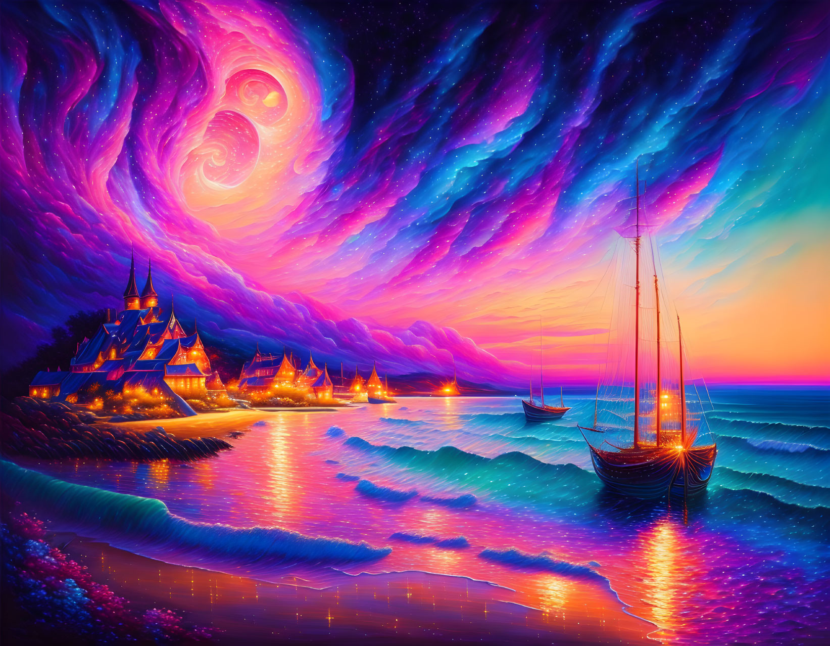 Surreal landscape with galaxy, illuminated houses, sailboat, and vivid waves