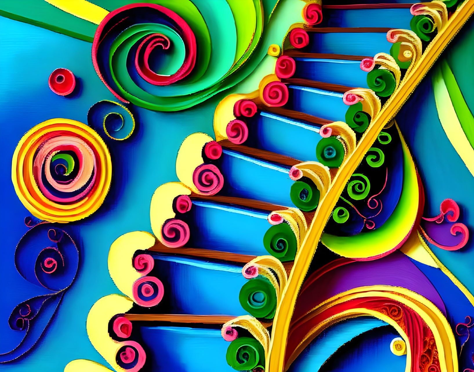 Colorful abstract art with swirling patterns and golden structure