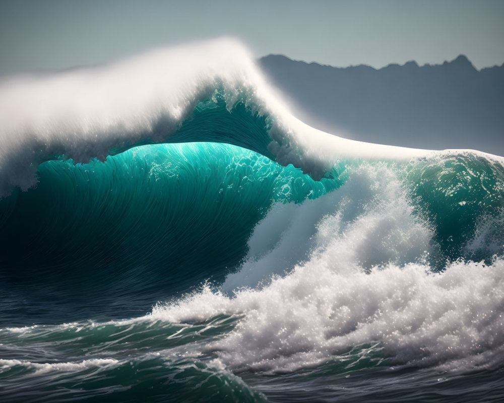 Majestic ocean wave with white foam against mountain backdrop