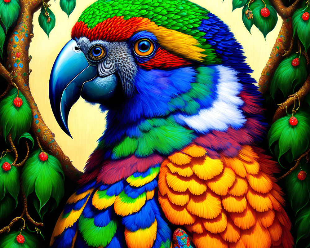 Colorful Parrot Illustration Among Green Foliage with Red Fruits