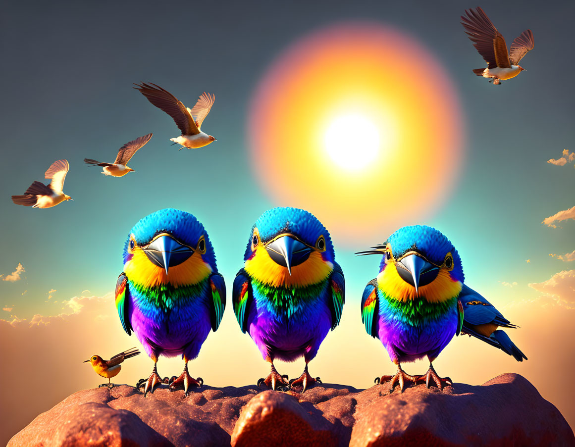 Colorful oversized birds on rock with sunset backdrop and flying smaller birds