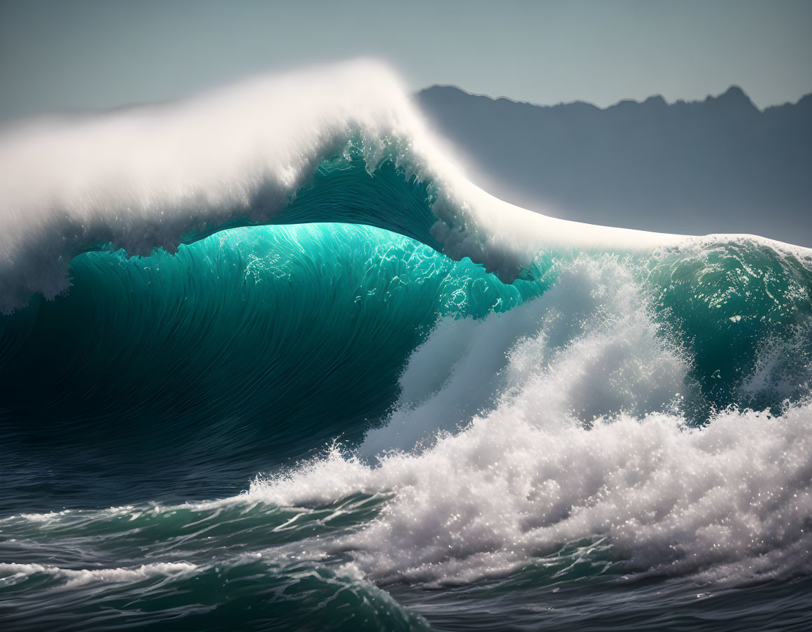 Majestic ocean wave with white foam against mountain backdrop