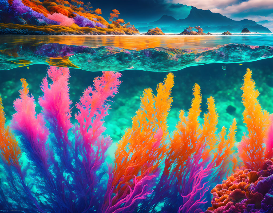 Colorful underwater coral reefs and autumn trees in surreal scene.