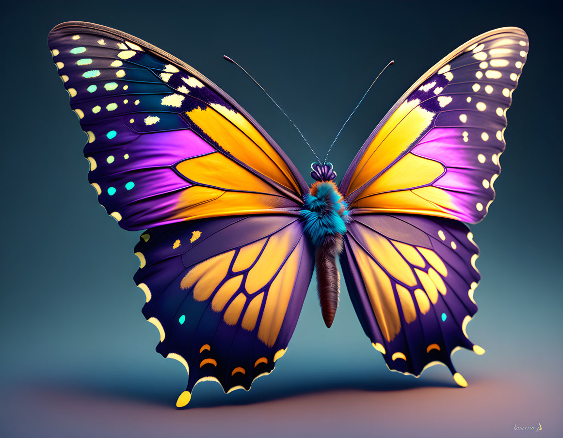 Colorful Butterfly Digital Artwork with Purple, Yellow, and Black Wings