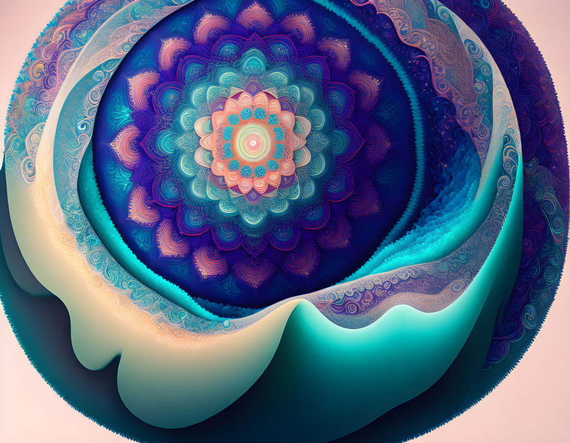 Colorful digital fractal with intricate blue, pink, and purple patterns