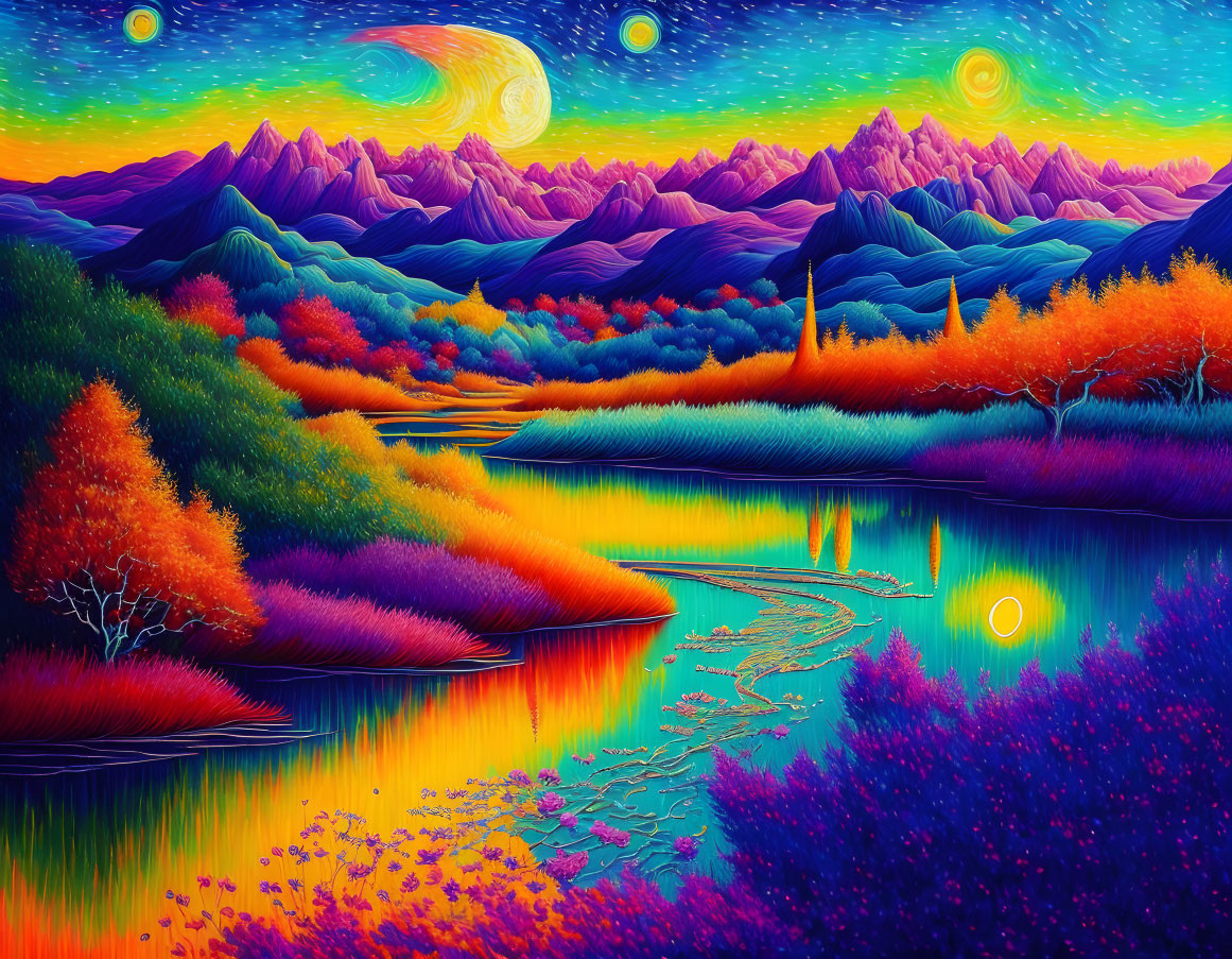 Colorful Psychedelic Landscape with River and Mountains