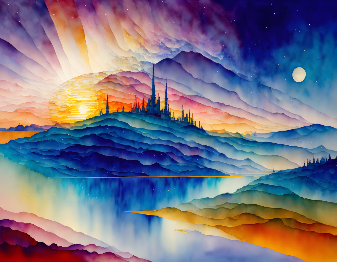 Colorful watercolor landscape: layered blue and orange mountains, castle silhouette, sunset sky with stars and