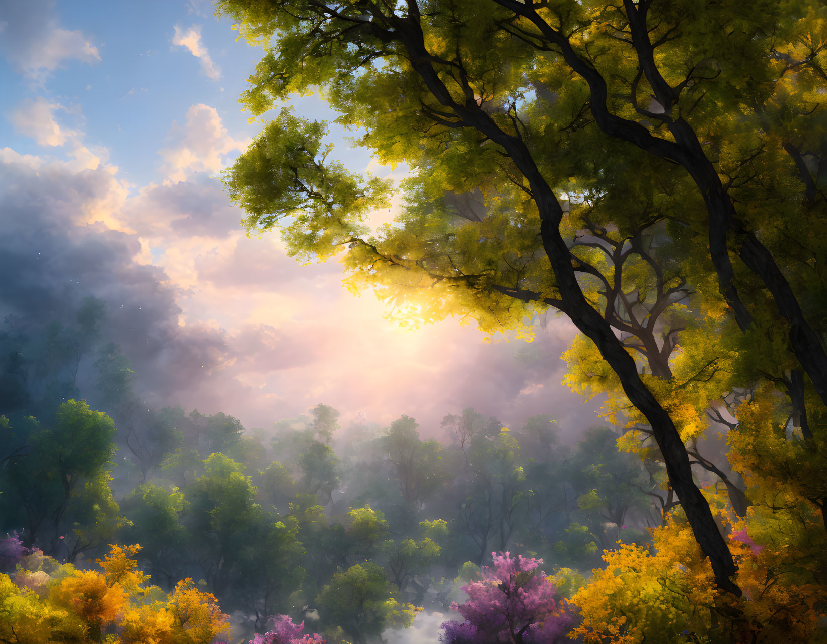 Lush Forest Scene with Sunlight and Colorful Foliage