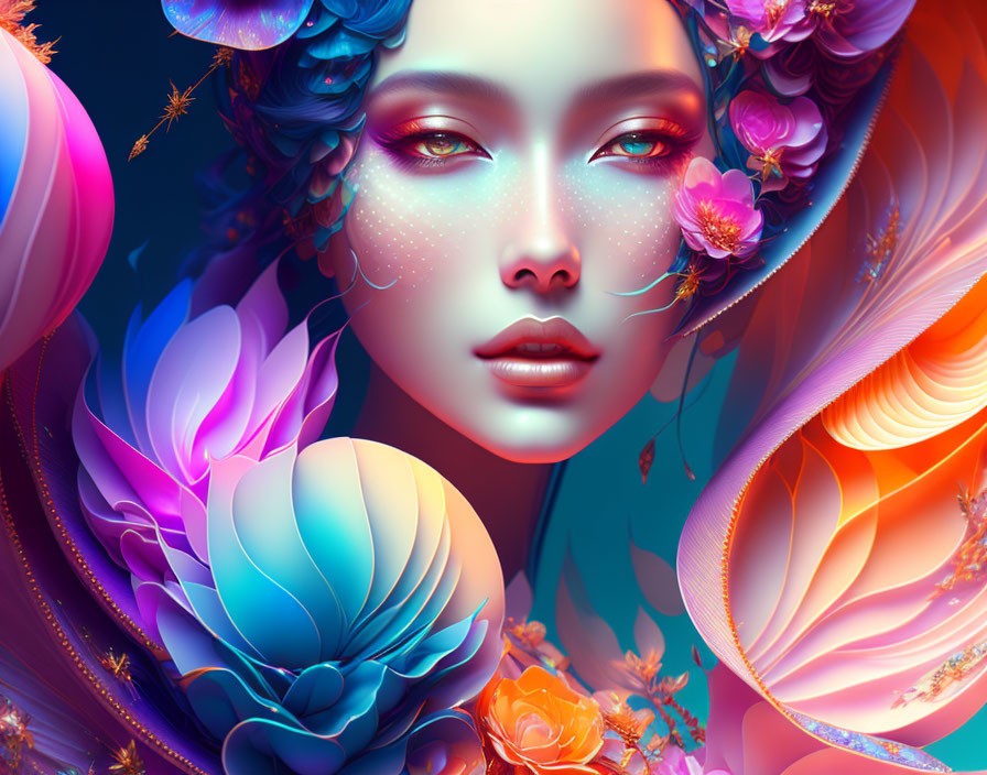 Colorful digital portrait of a woman with floral and abstract elements in blue, orange, and pink hues