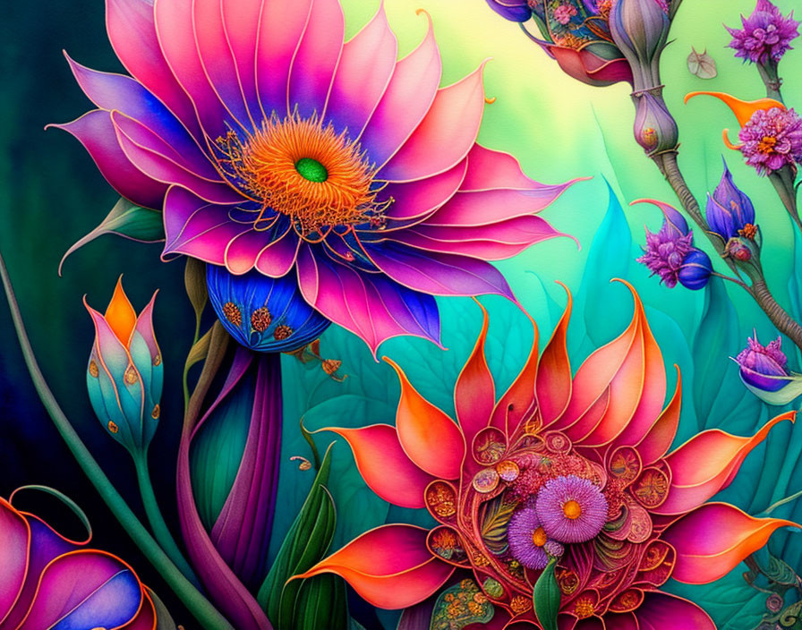 Colorful Stylized Flowers on Gradient Background