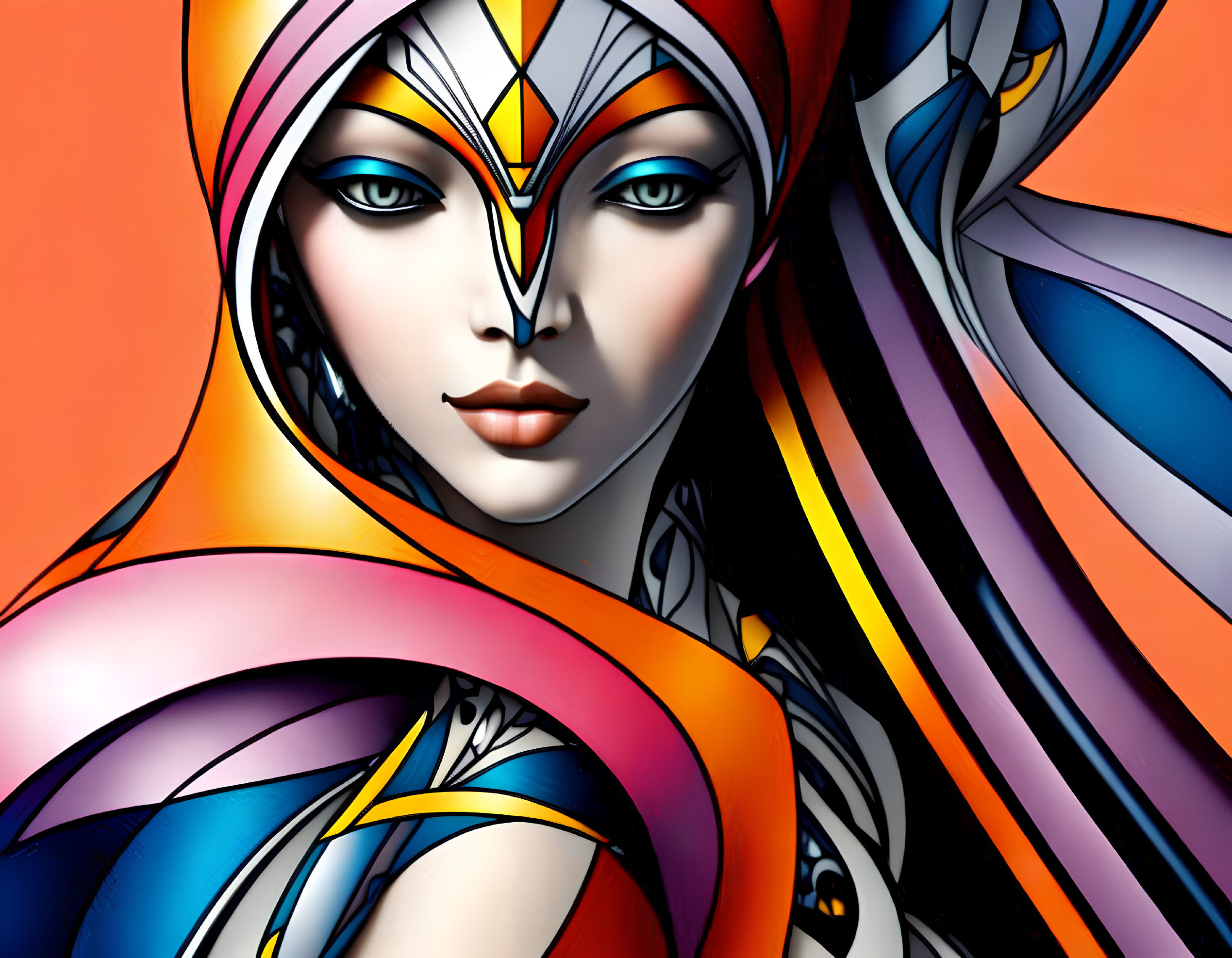 Colorful digital artwork of woman with stylized makeup and flowing headscarf