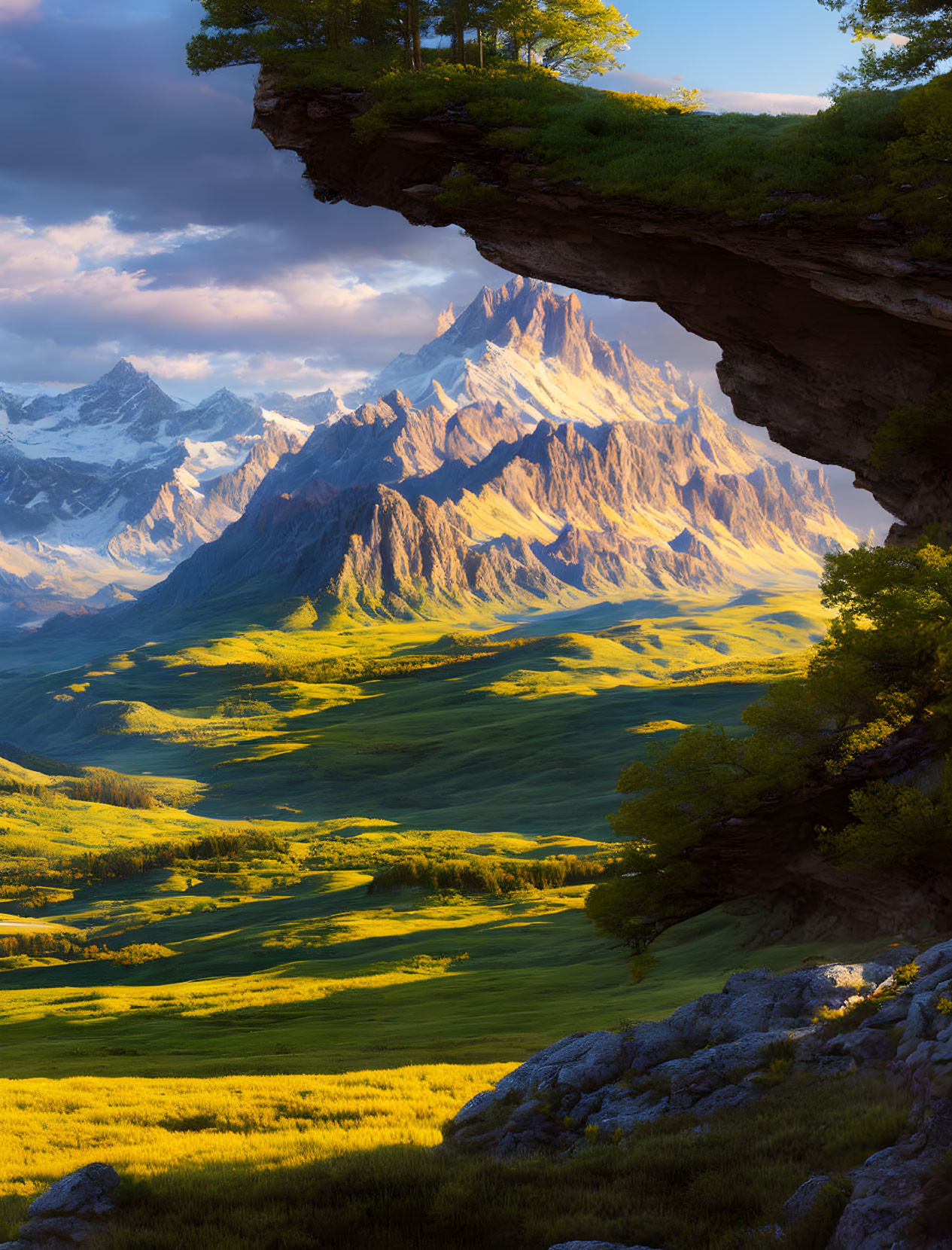 Majestic natural arch in sunlit valley with mountain peaks