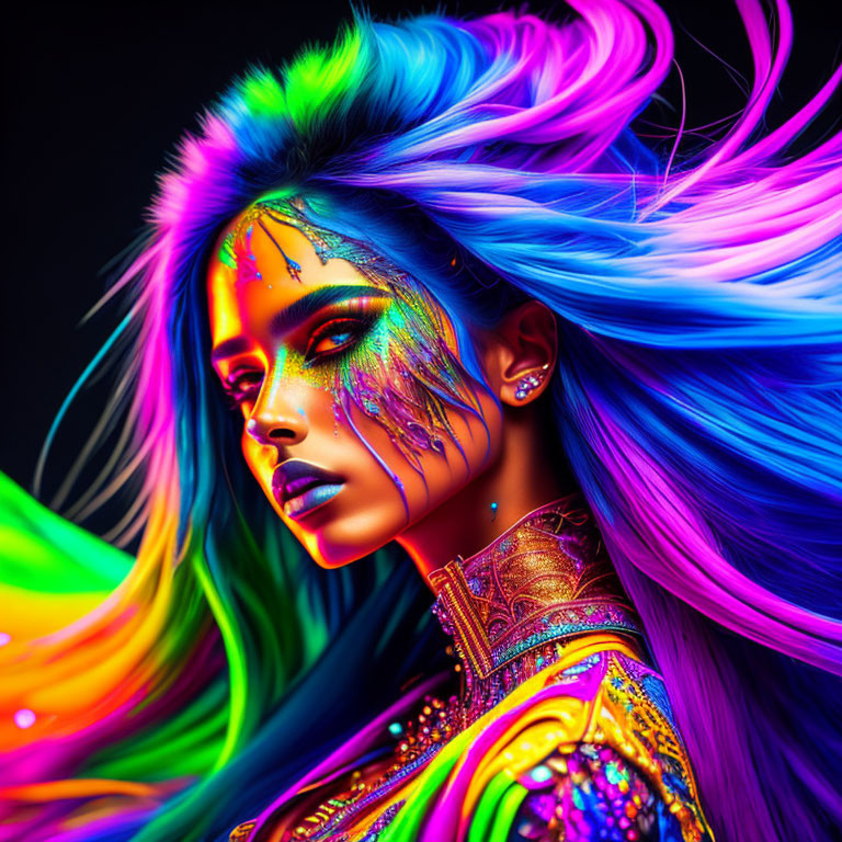 Colorful portrait of a person with multicolored hair and makeup on vibrant background