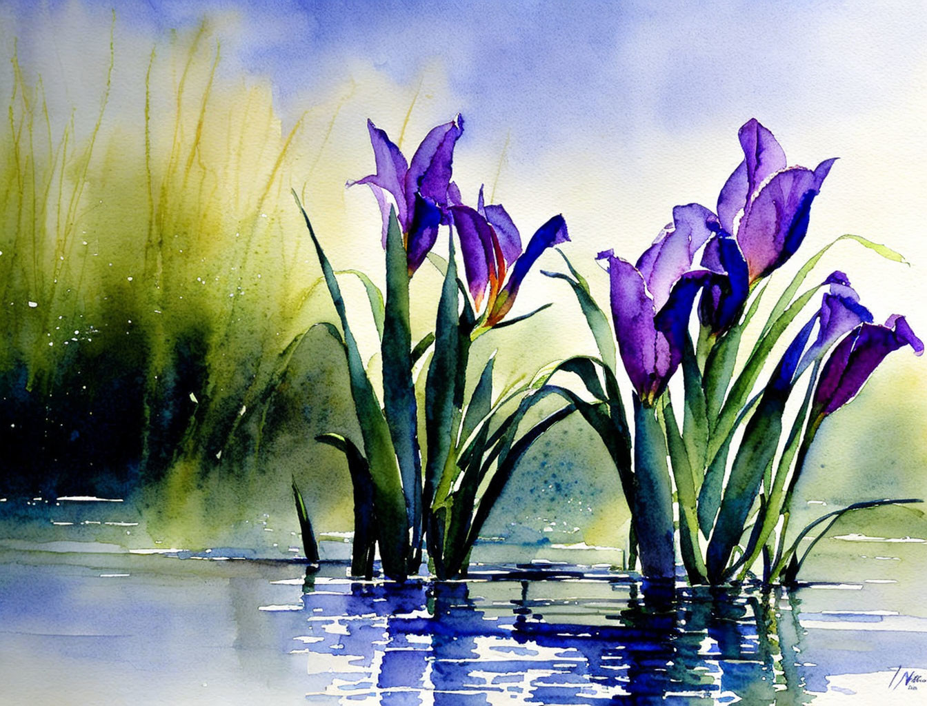 Vibrant purple irises painting by calm blue waterbody