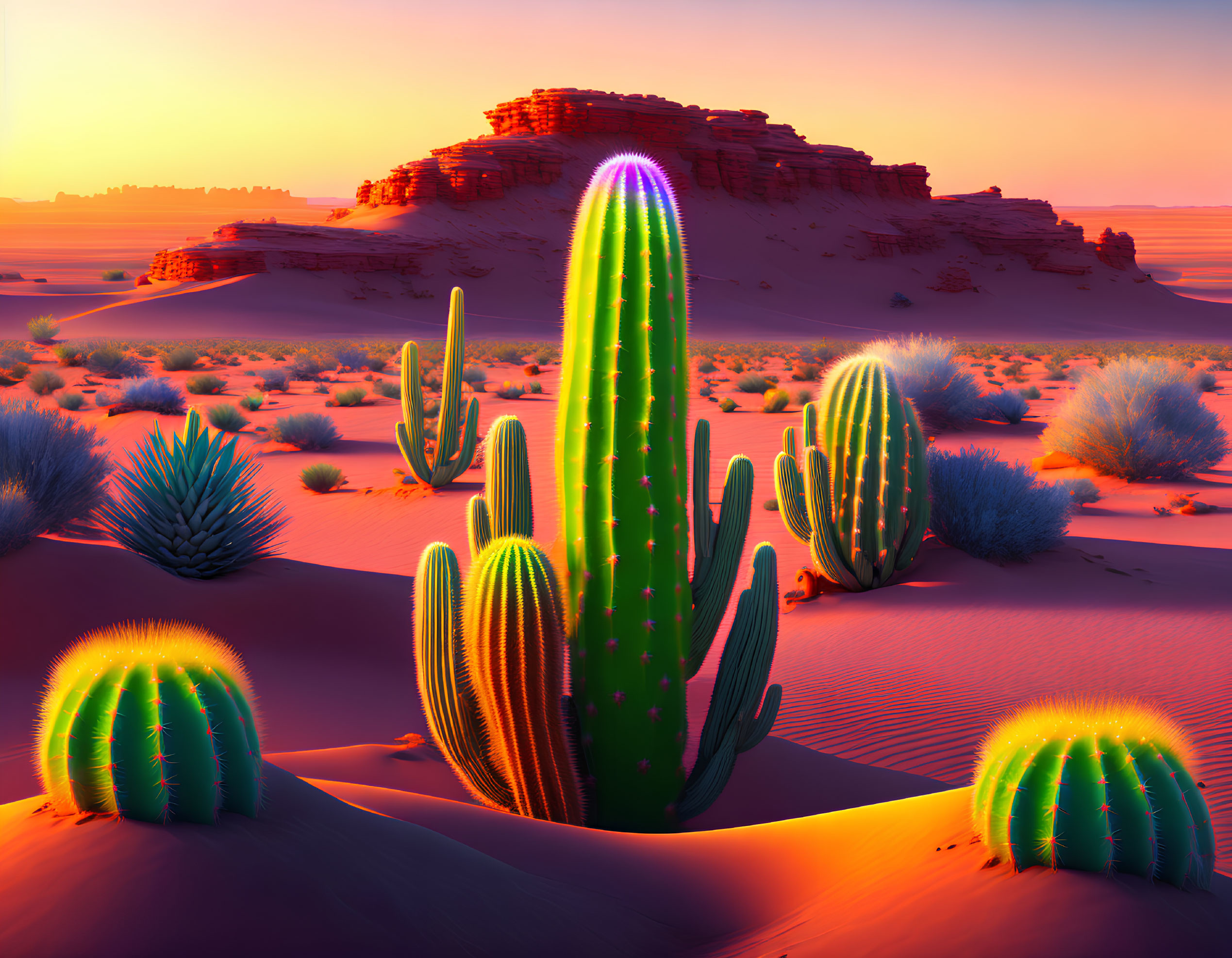 Colorful Desert Sunset with Saguaro Cactus and Rock Formations