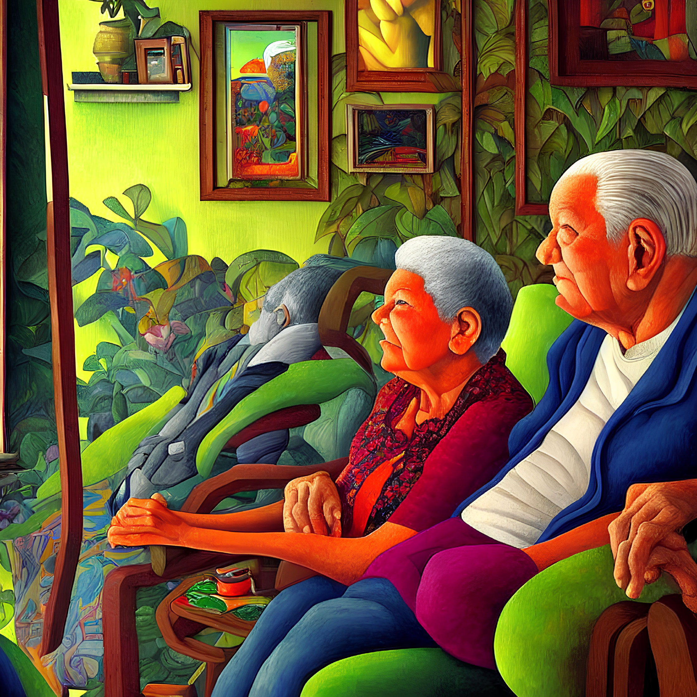 Elderly couple in vibrant room with green plants and cozy decor