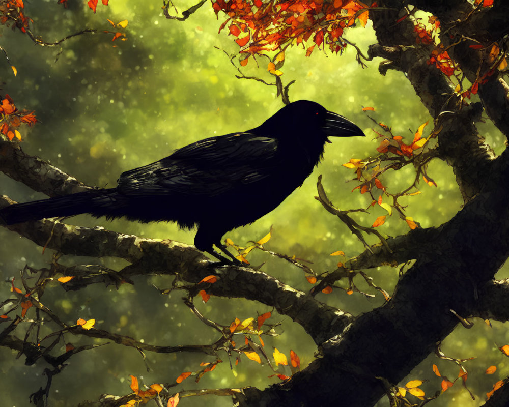 Black raven on twisted branch in autumn setting