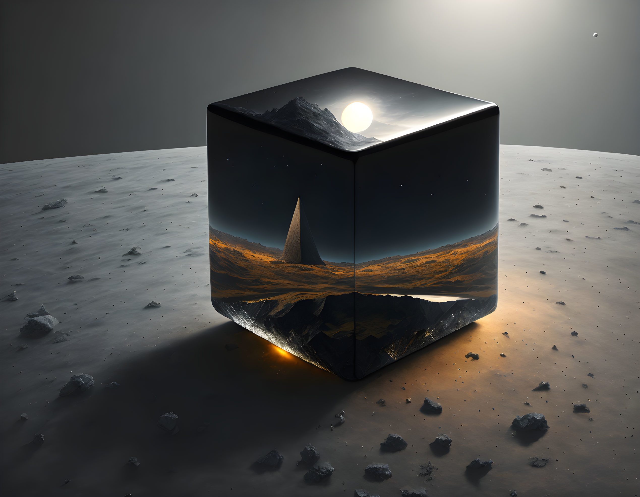 Reflective cube on lunar-like surface with mountain landscape and starry sky.