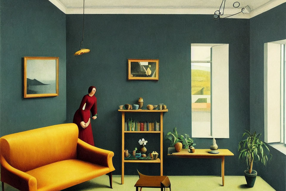 Stylized interior scene with woman in red dress, yellow couch, framed artwork, plants, and