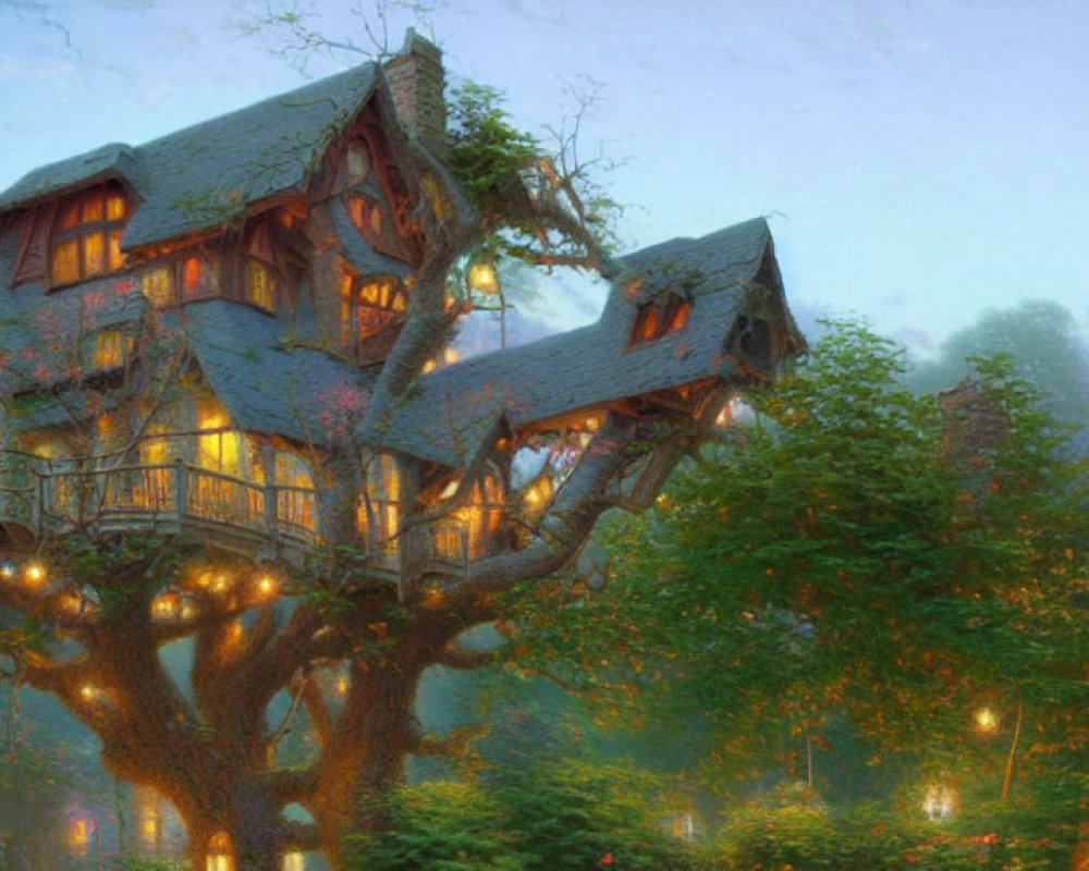 Enchanting glowing treehouse in misty forest at dawn or dusk