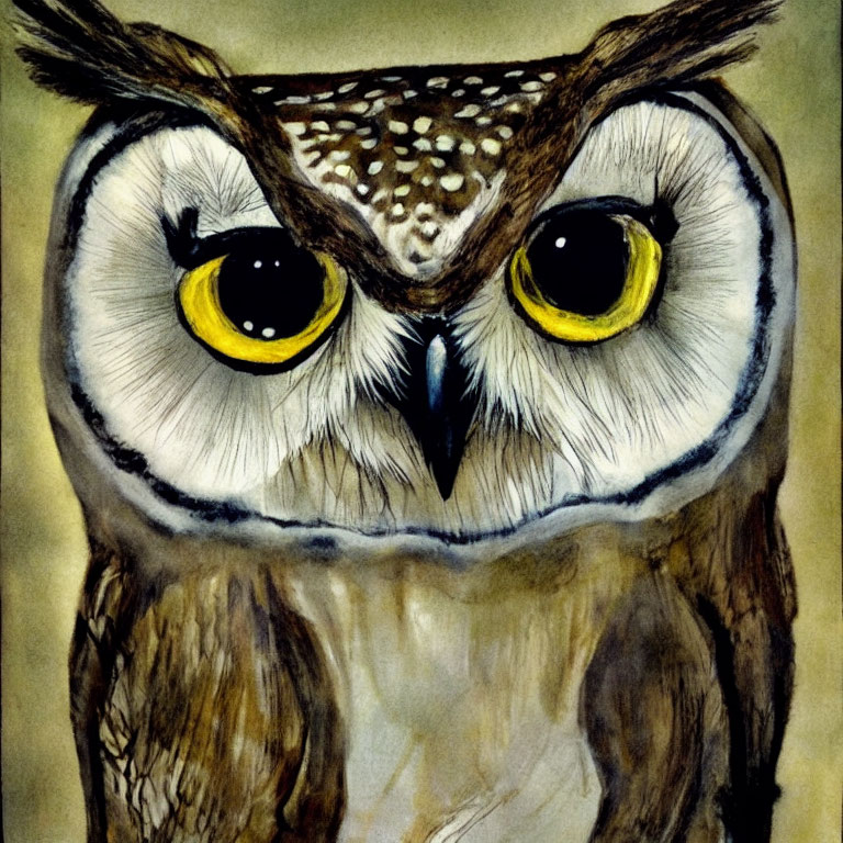Detailed Owl Illustration with Striking Yellow Eyes and Sharp Beak