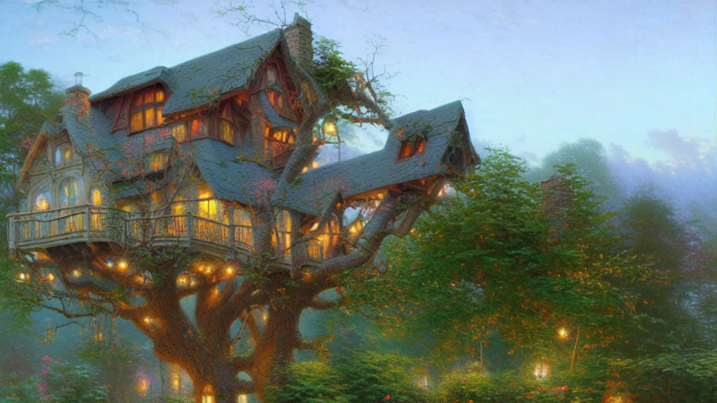 Enchanting glowing treehouse in misty forest at dawn or dusk