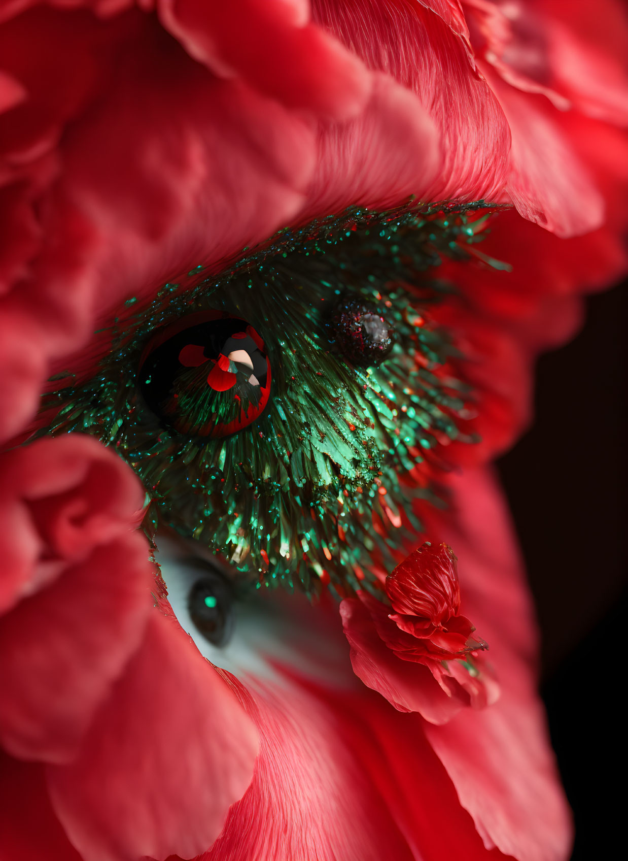 Green glittery eye with petal-like lashes on red petals.