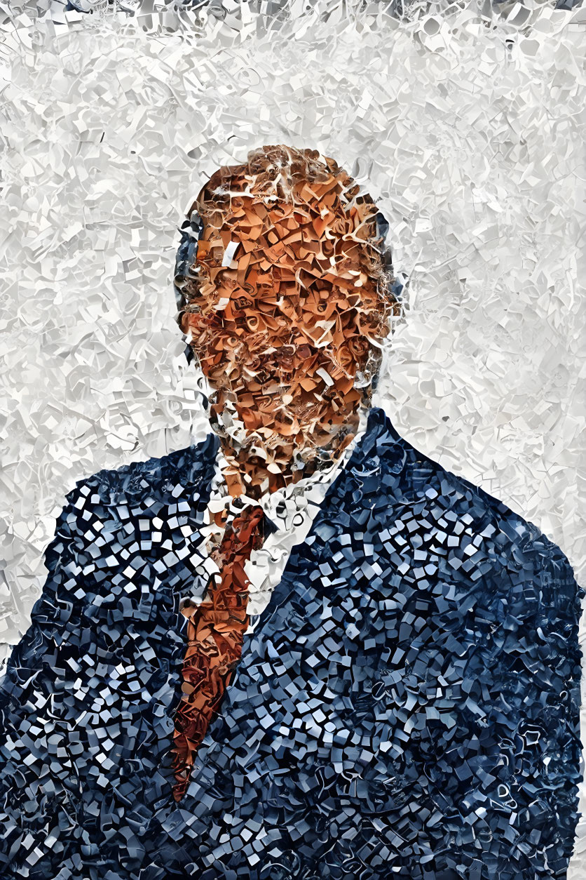 Abstract mosaic art of a man in blue suit and red tie