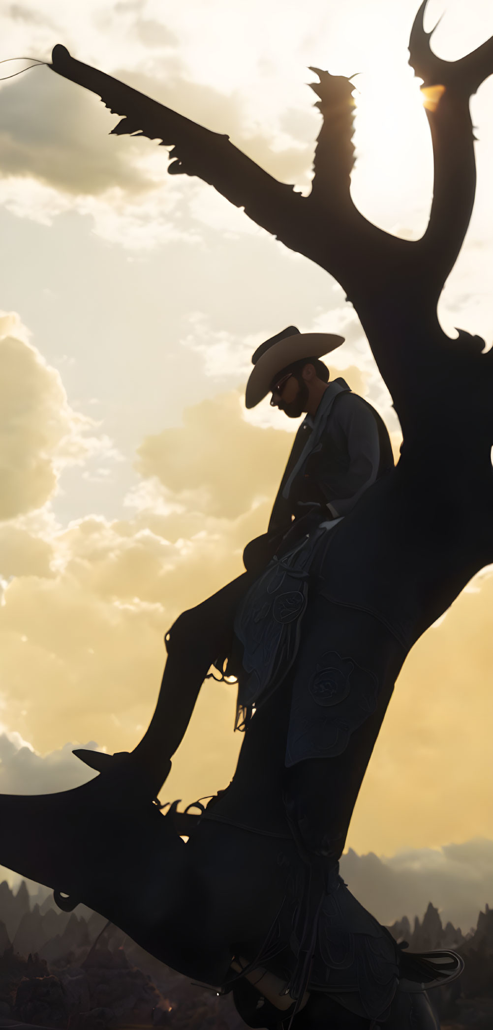 Cowboy silhouette sitting on tree branch at sunset.