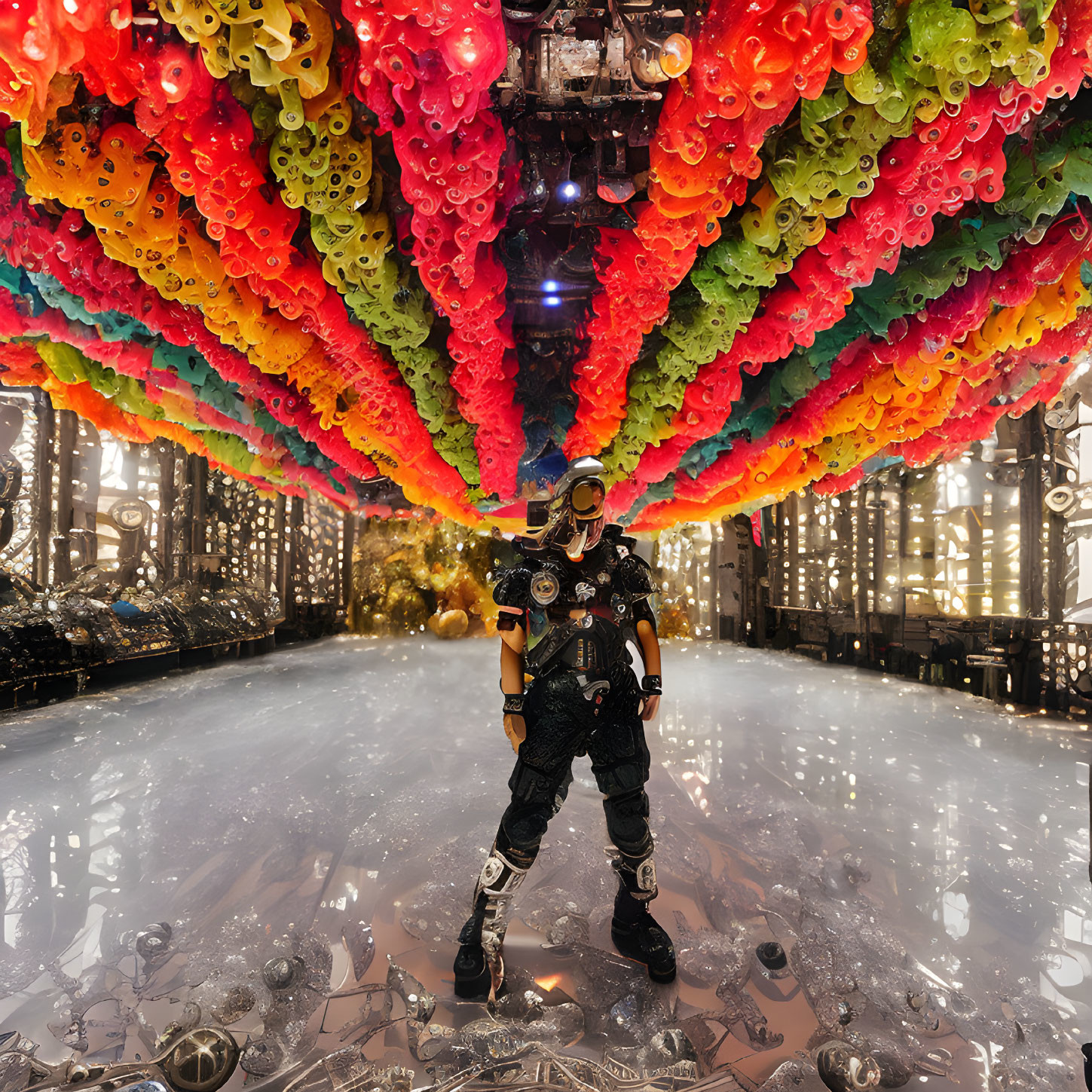 Futuristic outfit under vibrant multicolored balloons in reflective space