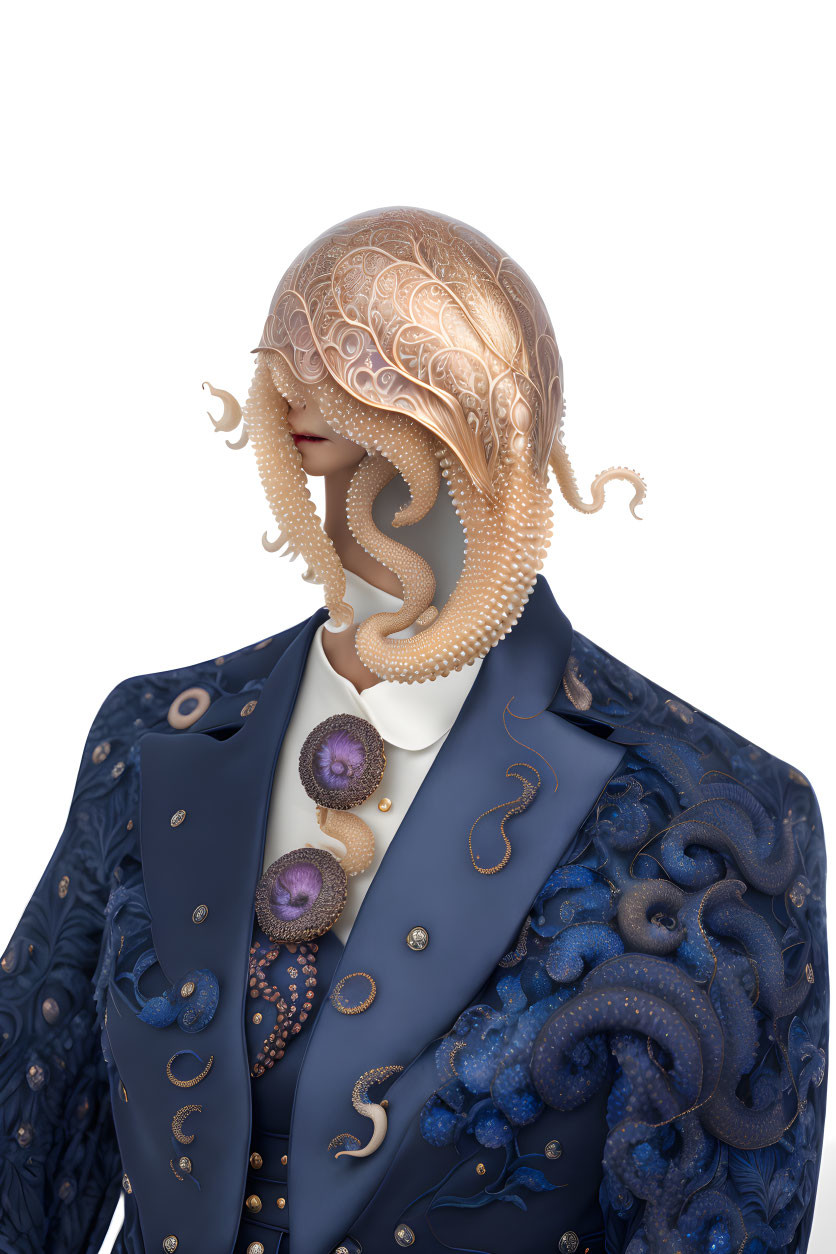 Surreal image: Figure with golden octopus head, navy suit, and pearl details